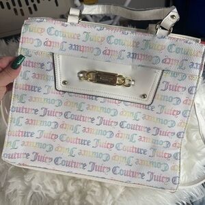 Juicy Couture White Multicolor Logo Satchel & Gold Hardware and matching wallet
